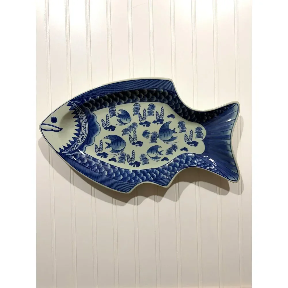 Vintage Blue White Fish Platter 18